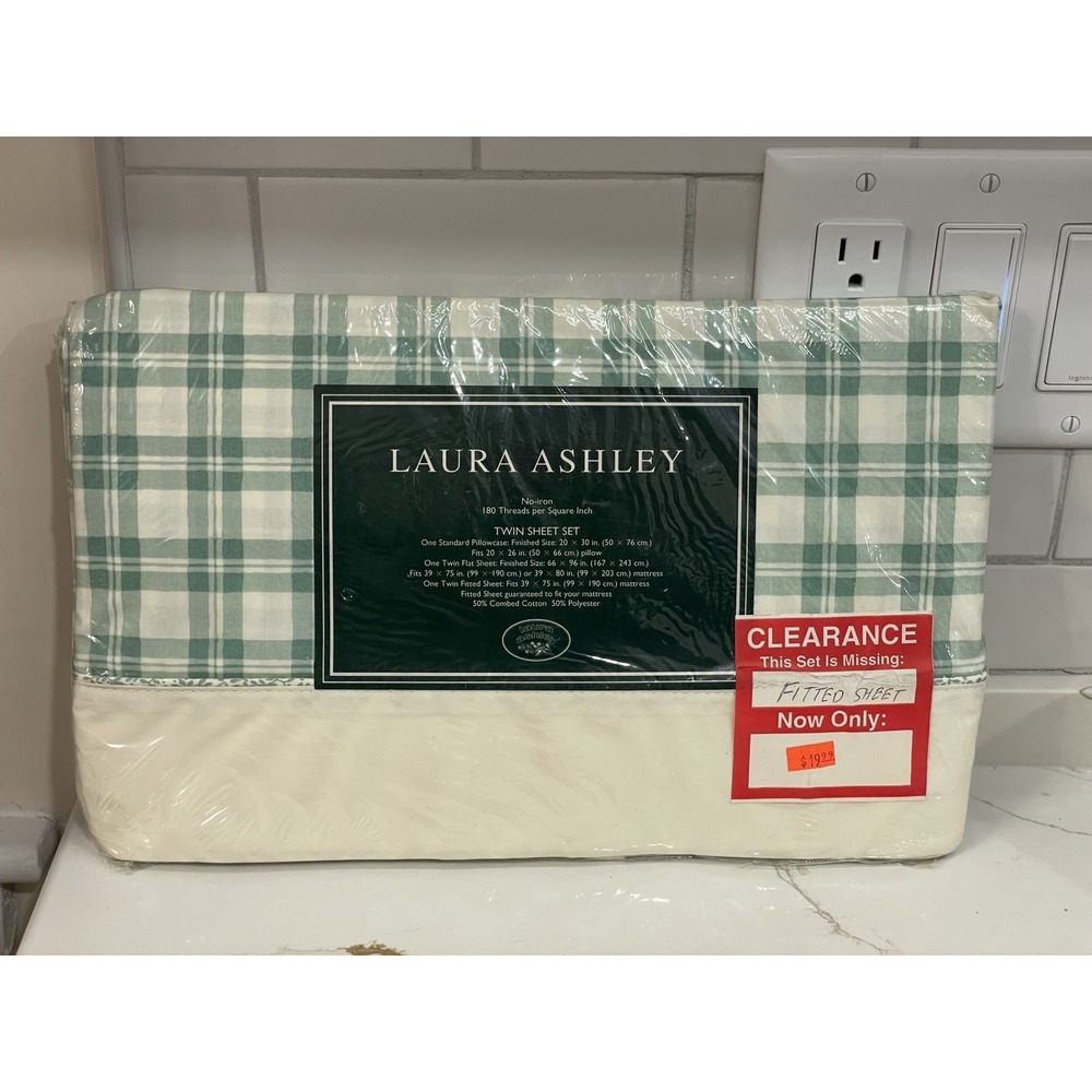 Vintage Laura Ashley Hampton Jade Plaid Twin Flat & Pillow Sham Sheet New READ